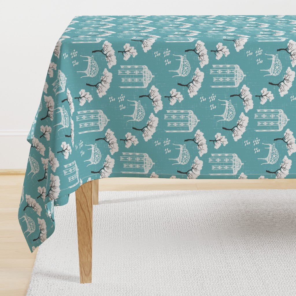 Vintage Toile gazebo garden modern blue turquoise Wallpaper