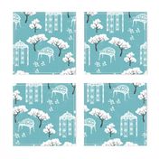 Vintage Toile gazebo garden modern blue turquoise Wallpaper