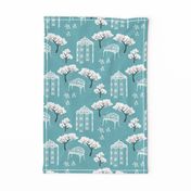 Vintage Toile gazebo garden modern blue turquoise Wallpaper