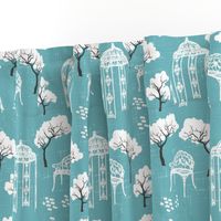 Vintage Toile gazebo garden modern blue turquoise Wallpaper