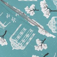 Vintage Toile gazebo garden modern blue turquoise Wallpaper