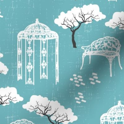 Vintage Toile gazebo garden modern blue turquoise Wallpaper