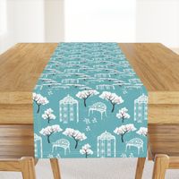 Vintage Toile gazebo garden modern blue turquoise Wallpaper