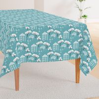 Vintage Toile gazebo garden modern blue turquoise Wallpaper