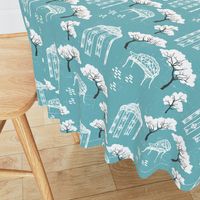 Vintage Toile gazebo garden modern blue turquoise Wallpaper