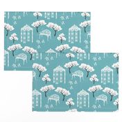 Vintage Toile gazebo garden modern blue turquoise Wallpaper