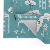 Vintage Toile gazebo garden modern blue turquoise Wallpaper