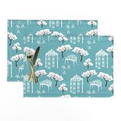 Vintage Toile gazebo garden modern blue turquoise Wallpaper