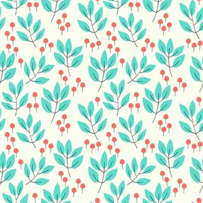 Green leaf and red berry on ivory