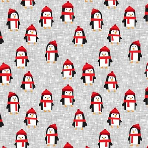 (small scale) cute winter penguins - red and grey -  C20BS