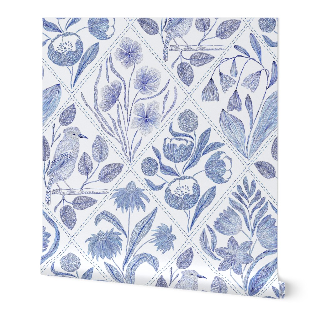 Blue florals and bird Toile de Jouy  735 mm x 900 mm repeat