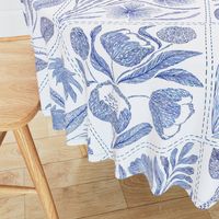 Blue florals and bird Toile de Jouy  735 mm x 900 mm repeat