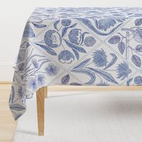 Blue florals and bird Toile de Jouy  735 mm x 900 mm repeat