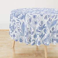 Blue florals and bird Toile de Jouy  735 mm x 900 mm repeat