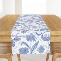 Blue florals and bird Toile de Jouy  735 mm x 900 mm repeat