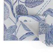 Blue florals and bird Toile de Jouy  735 mm x 900 mm repeat