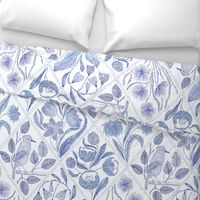 Blue florals and bird Toile de Jouy  735 mm x 900 mm repeat