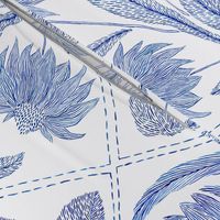 Blue florals and bird Toile de Jouy  735 mm x 900 mm repeat