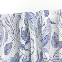 Blue florals and bird Toile de Jouy  735 mm x 900 mm repeat