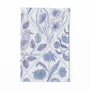 Blue florals and bird Toile de Jouy  735 mm x 900 mm repeat