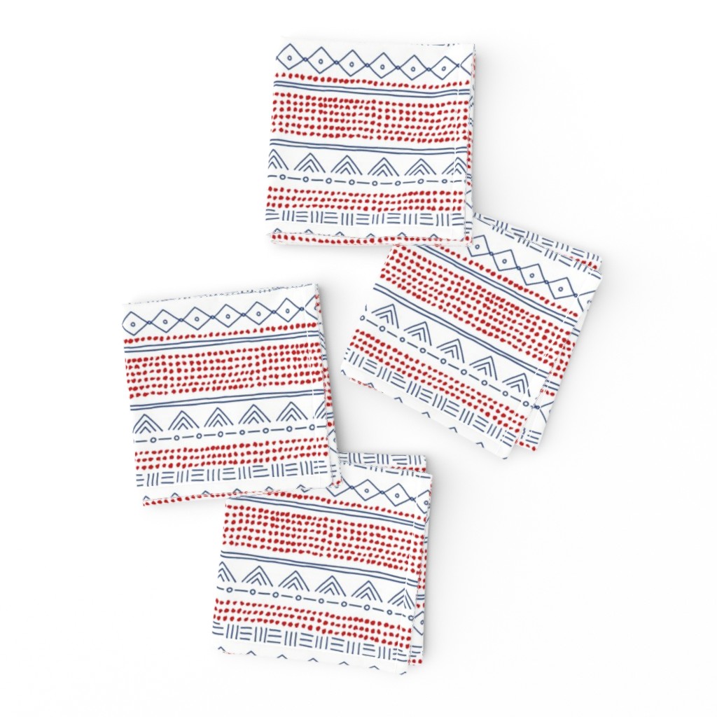 Blue and red american mudcloth aztec abstract cross design national holiday 4th of july print