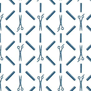 Combs & Hair Shears Vintage Pattern in Navy Blue with a White Background (Large Scale)