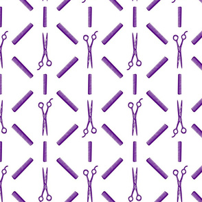 Combs & Hair Shears Vintage Pattern in Purple with a White Background (Large Scale)