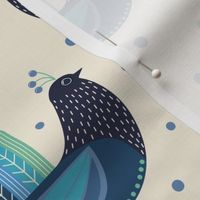 Blue Chickens on Neutral Beige Background with Polka Dots