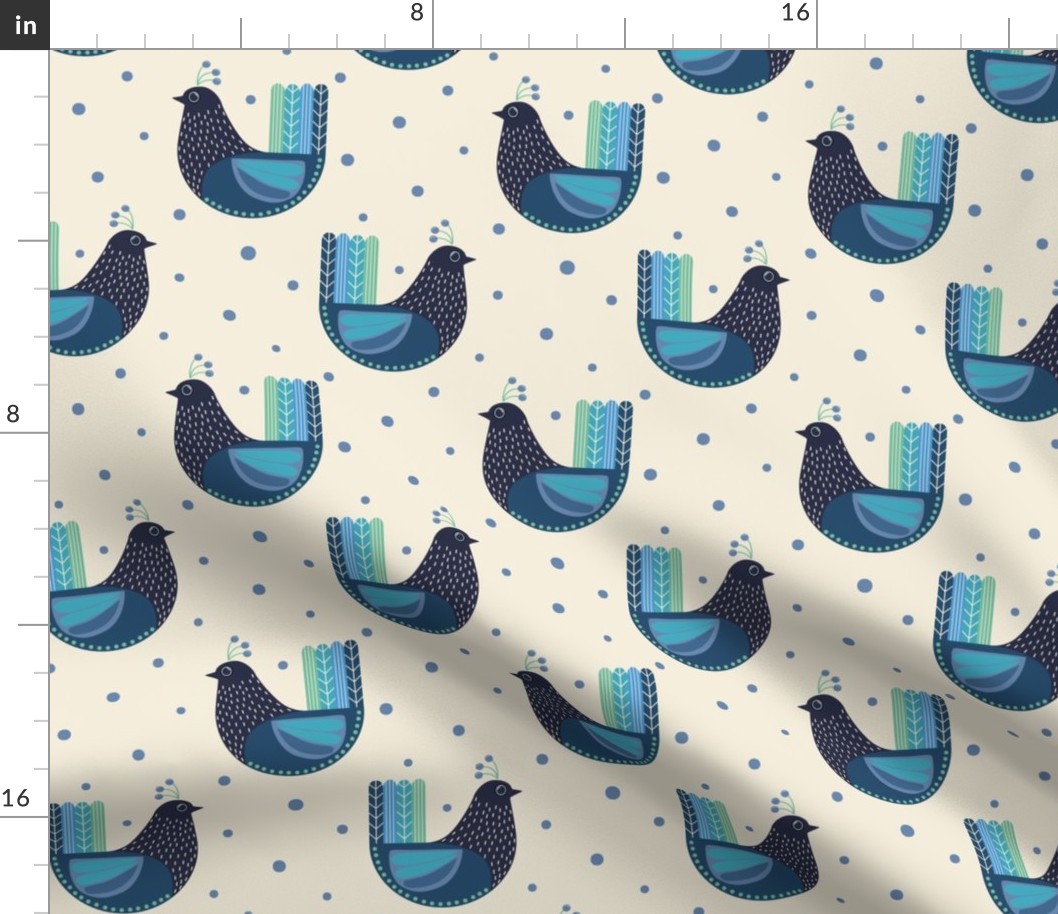 Blue Chickens on Neutral Beige Background with Polka Dots