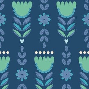 Folk Art Green Flowers on blue Background