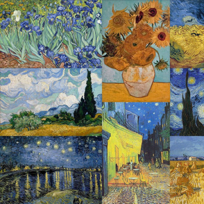 Vincent Van Gogh  Collage - Starry Night, Irises, sunflowers, wheat field in blue and yellow