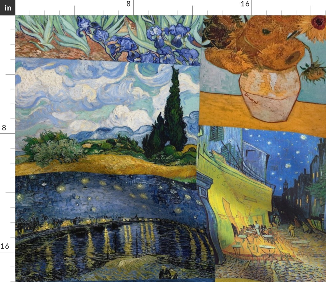 Vincent Van Gogh  Collage - Starry Night, Irises, sunflowers, wheat field in blue and yellow