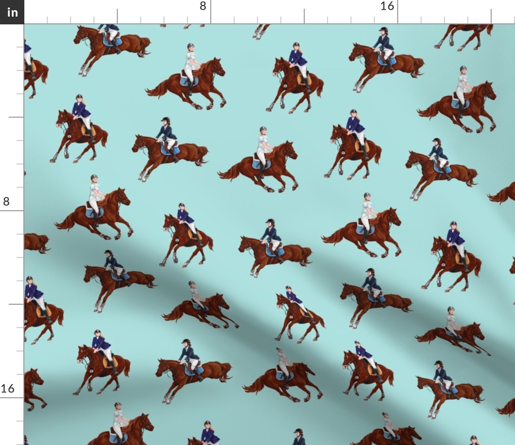 Seamless pattern with bay horses running horses and riders.