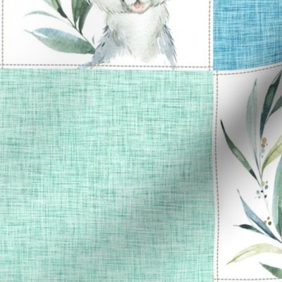 Wild Animals Blanket – Jungle Safari Cheater Quilt, elephant zebra giraffe sloth koala lion (blue green gray)