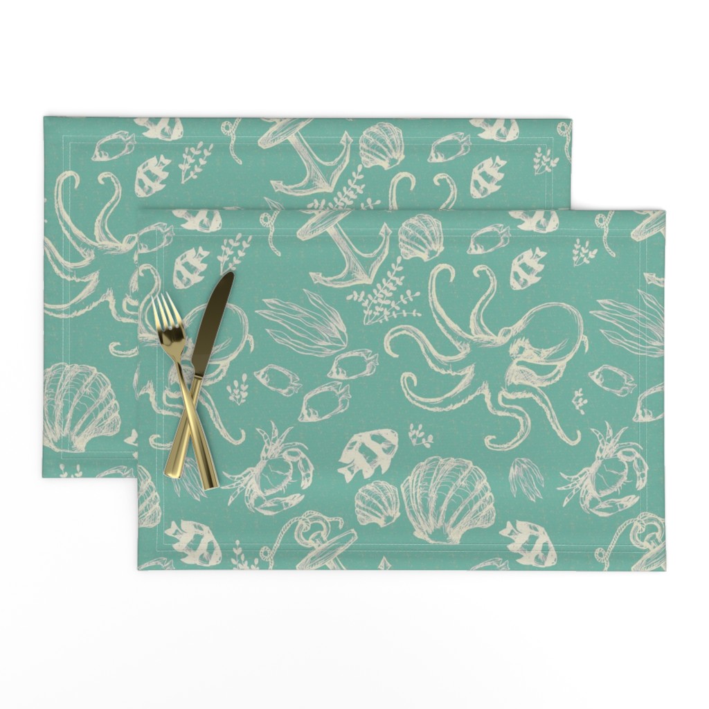 Seafoam Green Ocean Sketched  Under the Sea Creatures Nautical Beach House Simple Illustrated Design