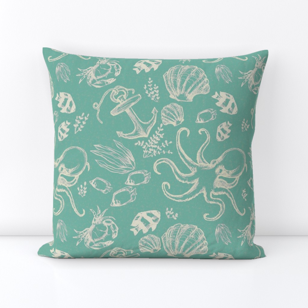 Seafoam Green Ocean Sketched  Under the Sea Creatures Nautical Beach House Simple Illustrated Design