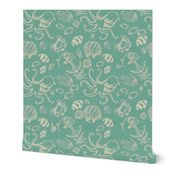 Seafoam Green Ocean Sketched  Under the Sea Creatures Nautical Beach House Simple Illustrated Design