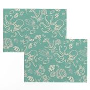 Seafoam Green Ocean Sketched  Under the Sea Creatures Nautical Beach House Simple Illustrated Design