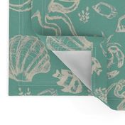 Seafoam Green Ocean Sketched  Under the Sea Creatures Nautical Beach House Simple Illustrated Design