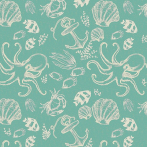 Seafoam Green Ocean Sketched  Under the Sea Creatures Nautical Beach House Simple Illustrated Design