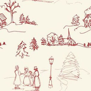  Wintertime Toile, "Caroling" (Red on Cream)