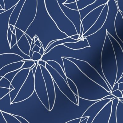 Leaves of the Rhododendron, White line drawing on Navy Blue