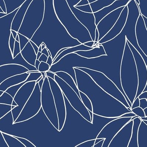 Leaves of the Rhododendron, White line drawing on Navy Blue