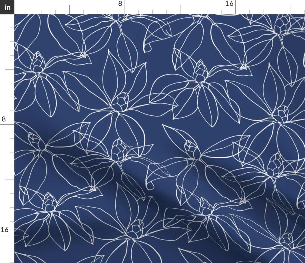 Leaves of the Rhododendron, White line drawing on Navy Blue