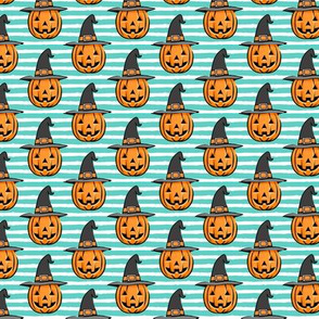 (small scale) jack o lantern with witches hat - halloween pumpkins - teal stripes - LAD20
