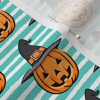 jack o lantern with witches hat - halloween pumpkins - teal stripes - LAD20