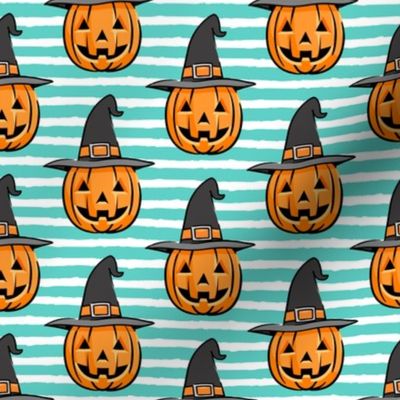 jack o lantern with witches hat - halloween pumpkins - teal stripes - LAD20