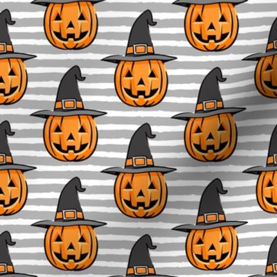 jack o lantern with witches hat - halloween pumpkins - grey stripe - LAD20