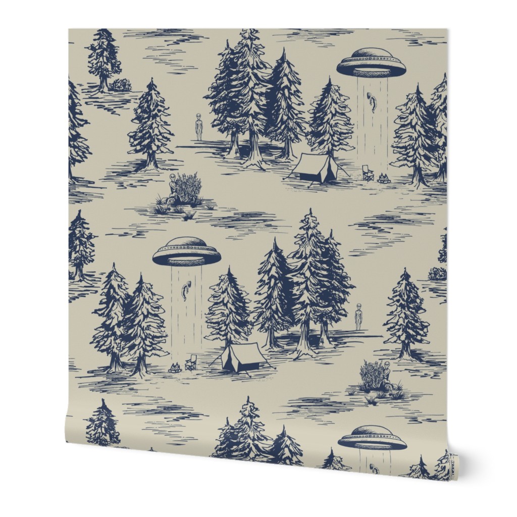 Large-Scale Alien Abduction Toile De Jouy Pattern in Blue