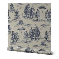 Large-Scale Alien Abduction Toile De Jouy Pattern in Blue